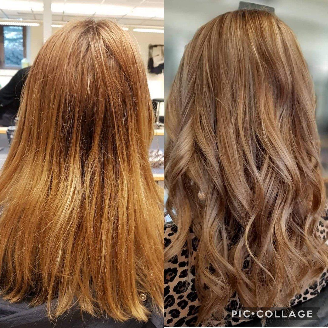 A before and after photo of a woman 's hair