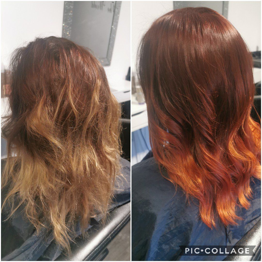 A before and after photo of a woman 's hair.
