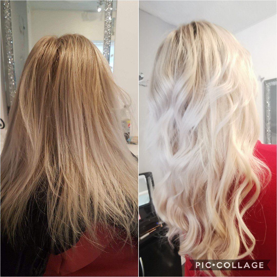A before and after photo of a woman 's blonde hair