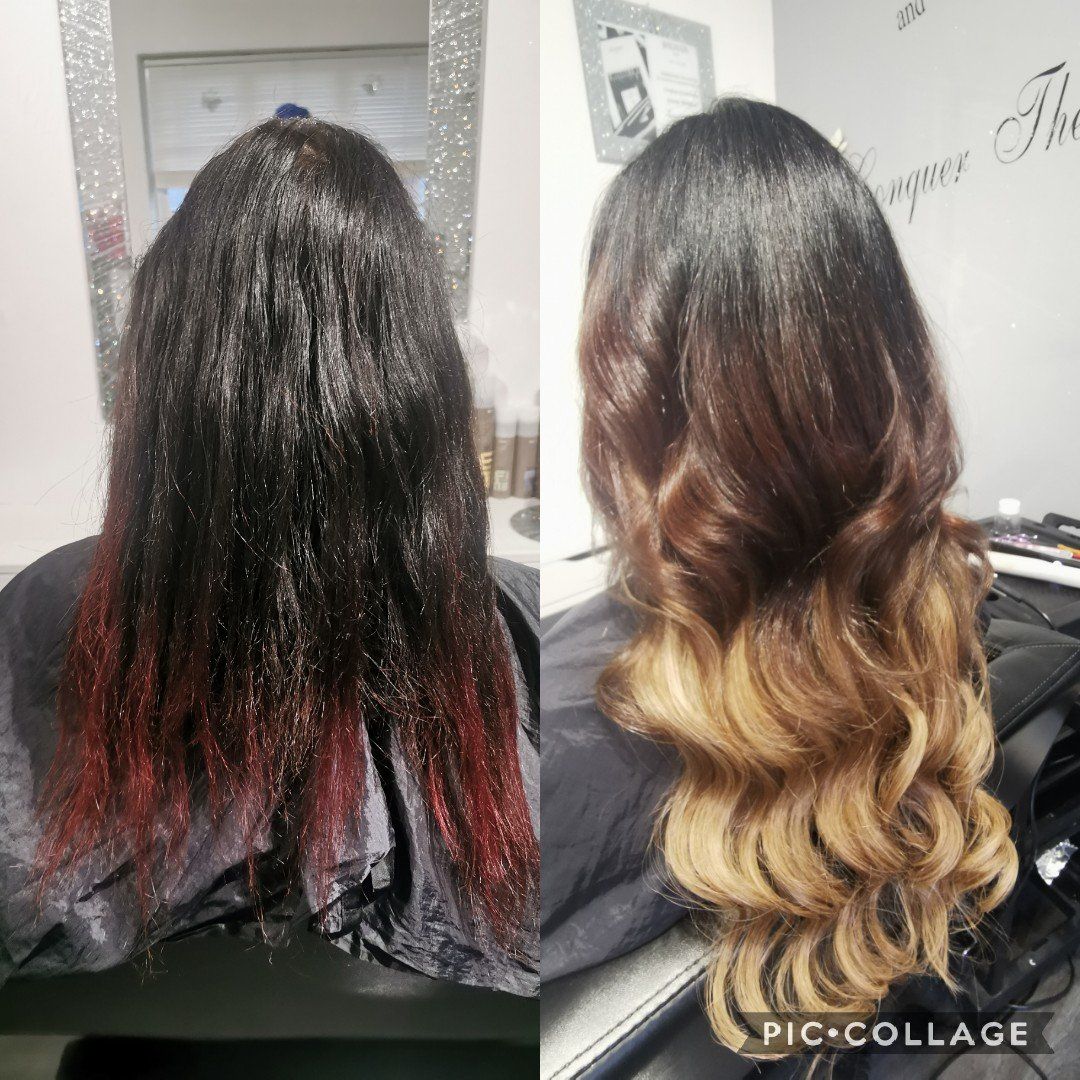 A before and after photo of a woman 's hair in a salon.
