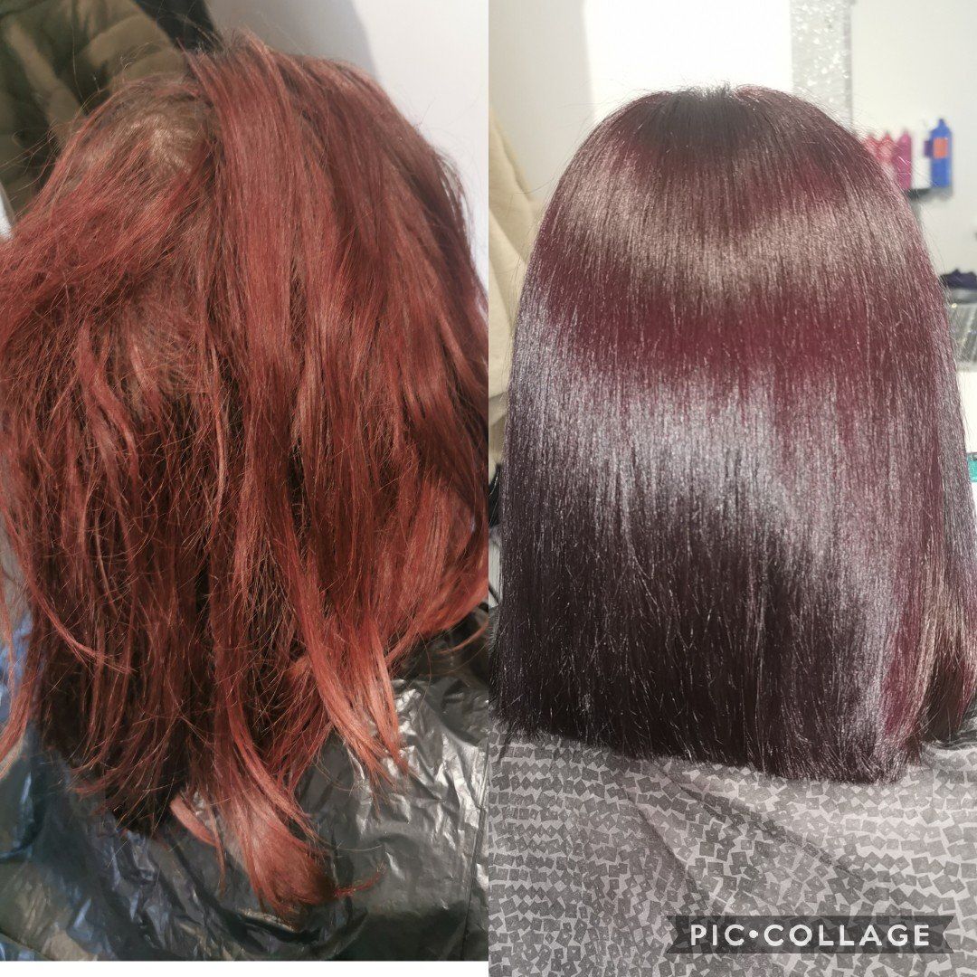 A before and after photo of a woman 's hair.