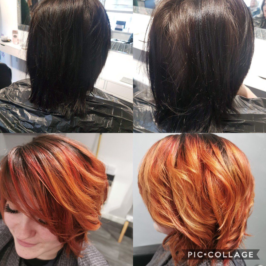 A picture of a woman 's hair before and after being cut