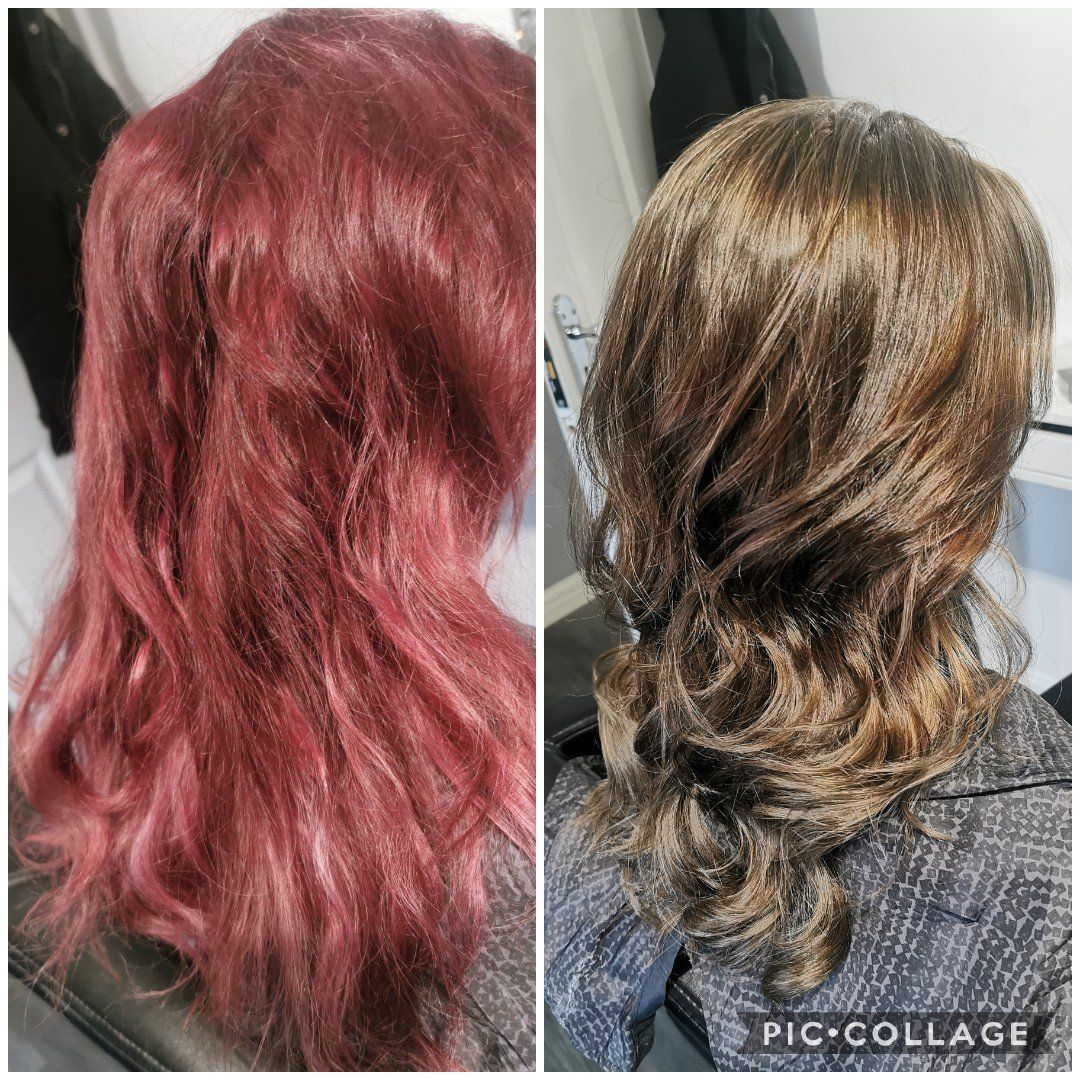 A before and after photo of a woman 's hair.