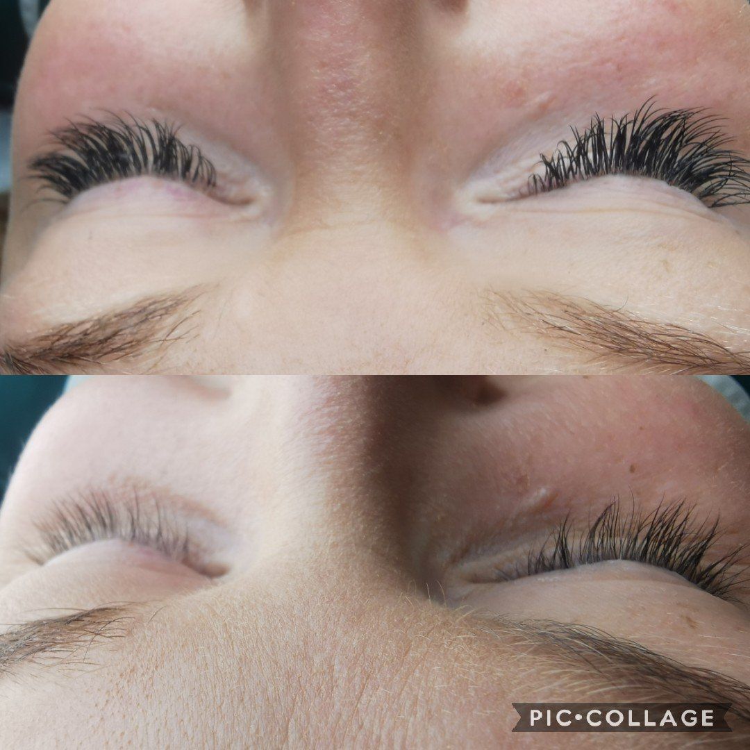 A before and after photo of a woman 's eyelashes.