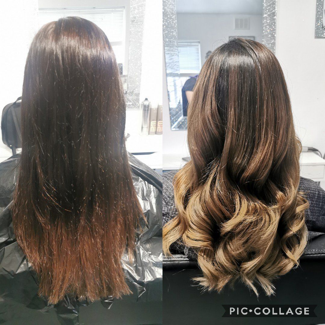 A before and after photo of a woman 's hair in a salon.