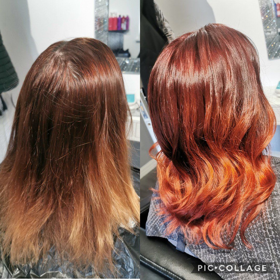 A before and after photo of a woman 's hair.