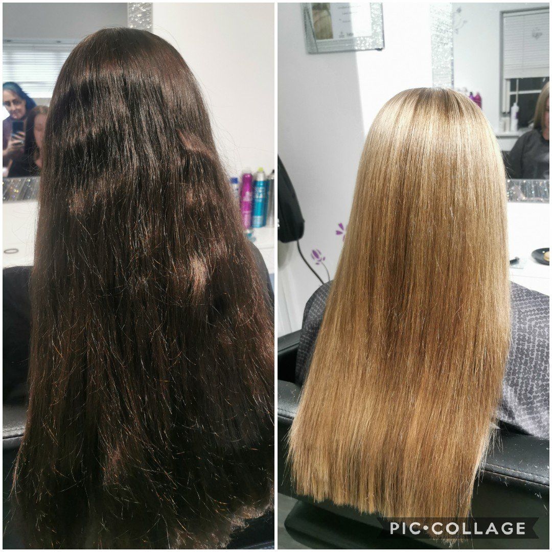 A before and after photo of a woman 's hair in a salon.
