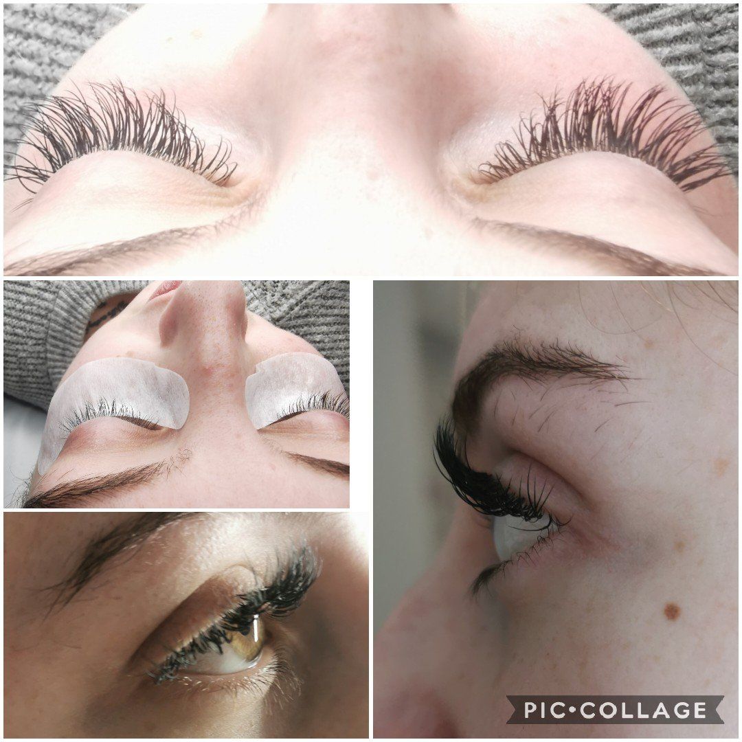 A collage of four pictures of a woman 's eyelashes.