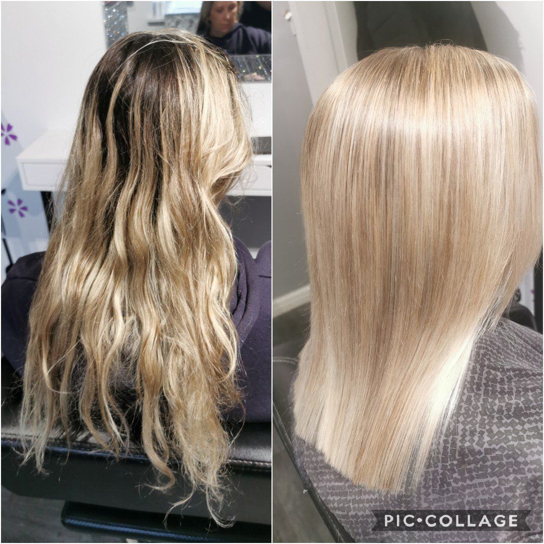 A before and after photo of a woman 's blonde hair.