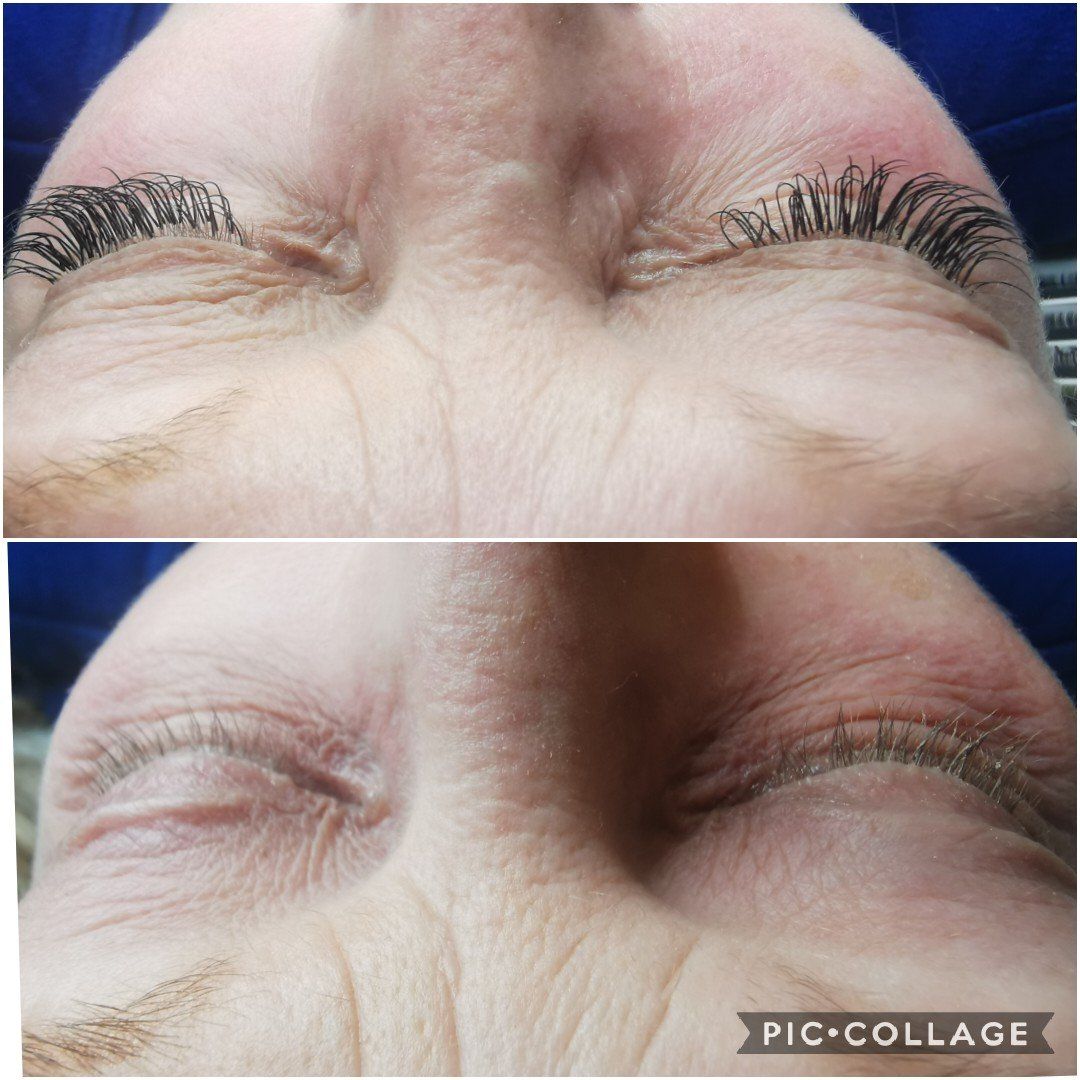 A before and after picture of a woman 's eyelashes