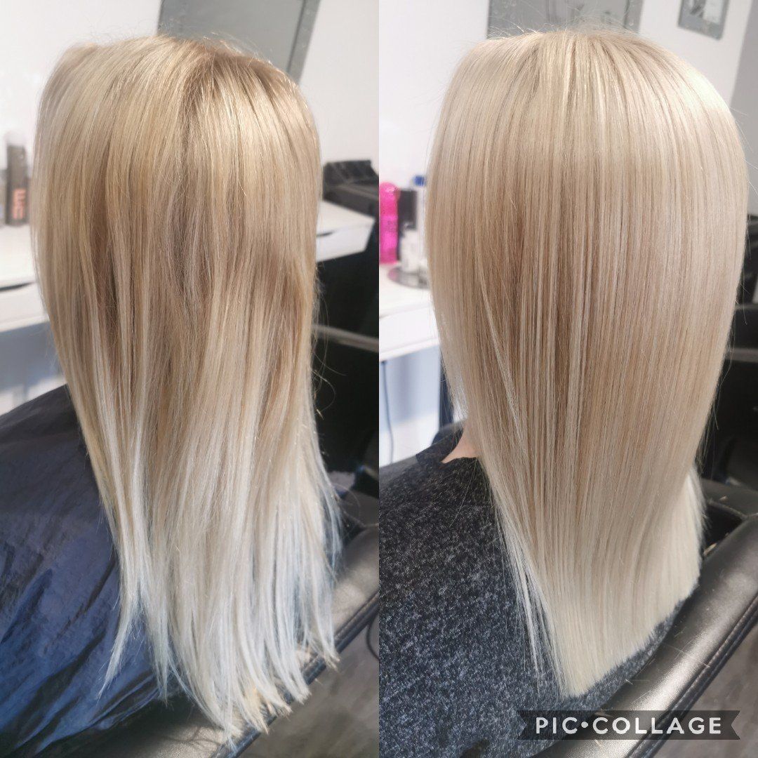 A before and after photo of a woman 's blonde hair.