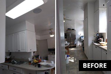 A before and after photo of a kitchen with white cabinets