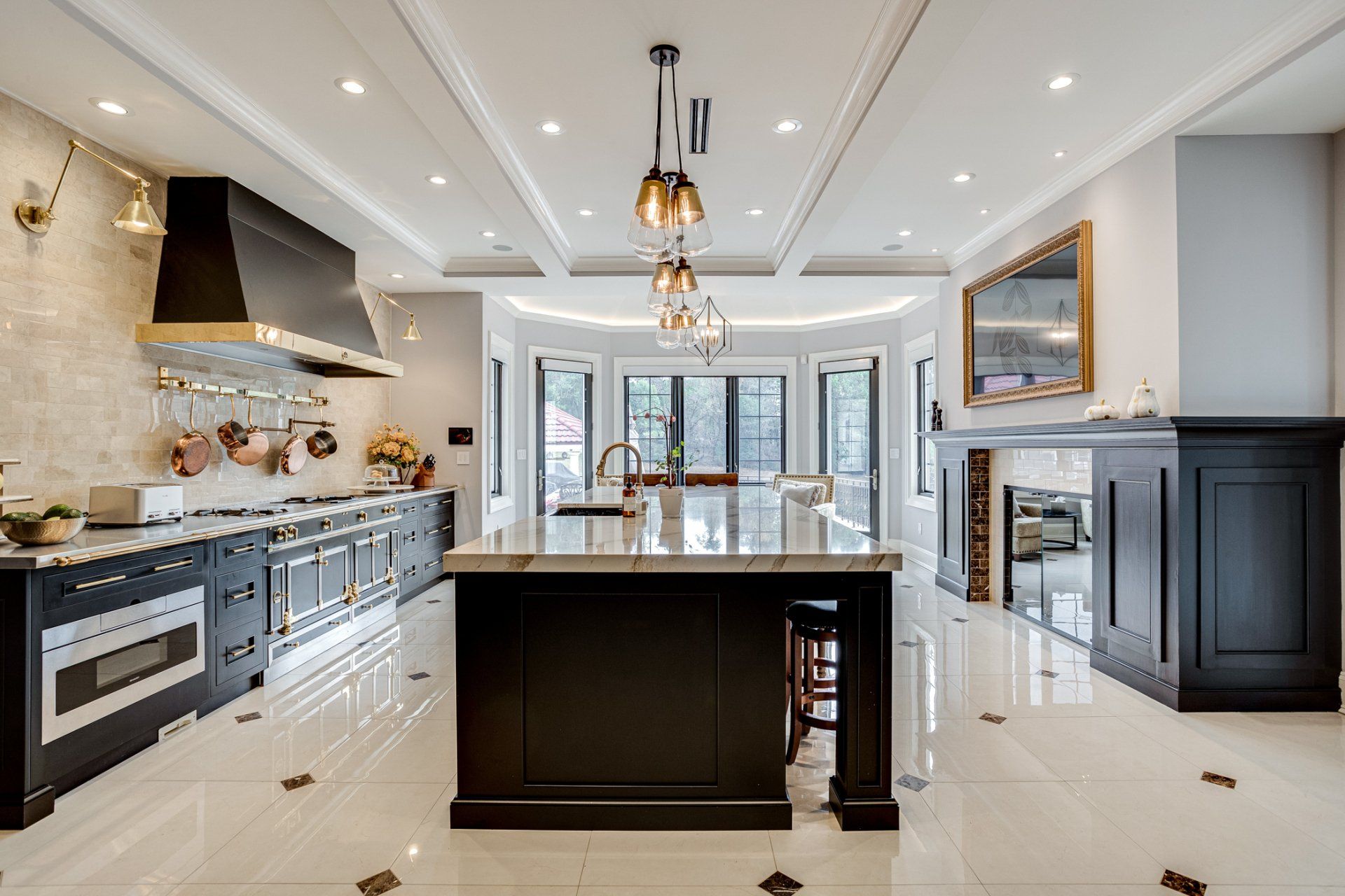 There is a large island in the middle of the kitchen.