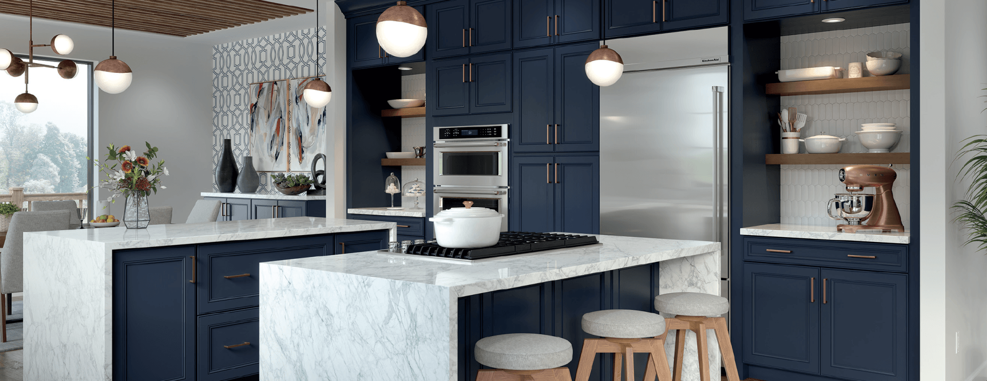 A kitchen with blue cabinets and a white counter top.