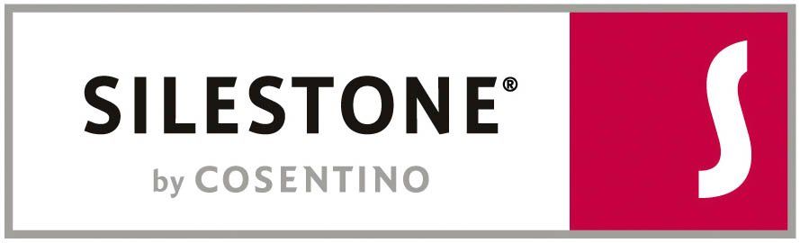 The logo for silestone by cosentino is white and red.