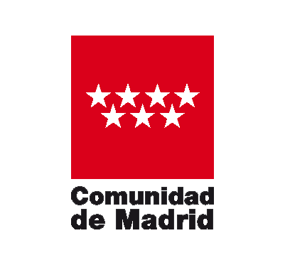 El logotipo de la Comunidad de Madrid es un cuadrado rojo con tres estrellas blancas.