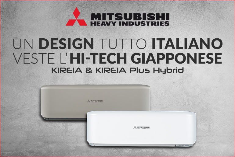 Anzeige von Mitsubishi Heavy Industries mit zwei weißen Wandklimaanlagen und italienischem Text auf grauem Hintergrund
