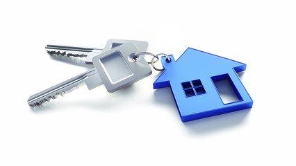 A Set Of Keys With A Blue House-Shaped Keychain