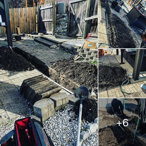 A collage of photos of people digging in a yard.