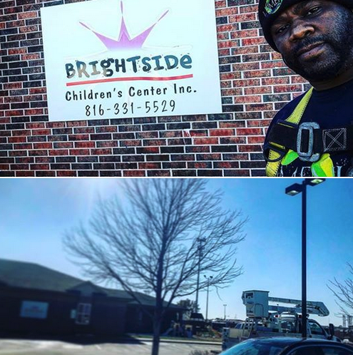 A man is standing in front of a sign that says brightside children 's center inc.
