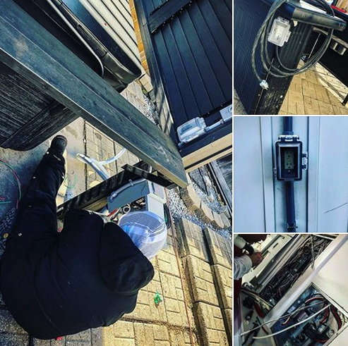 A collage of photos of a man working on a building