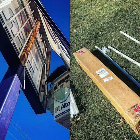 A picture of a billboard and a picture of a box on the ground.