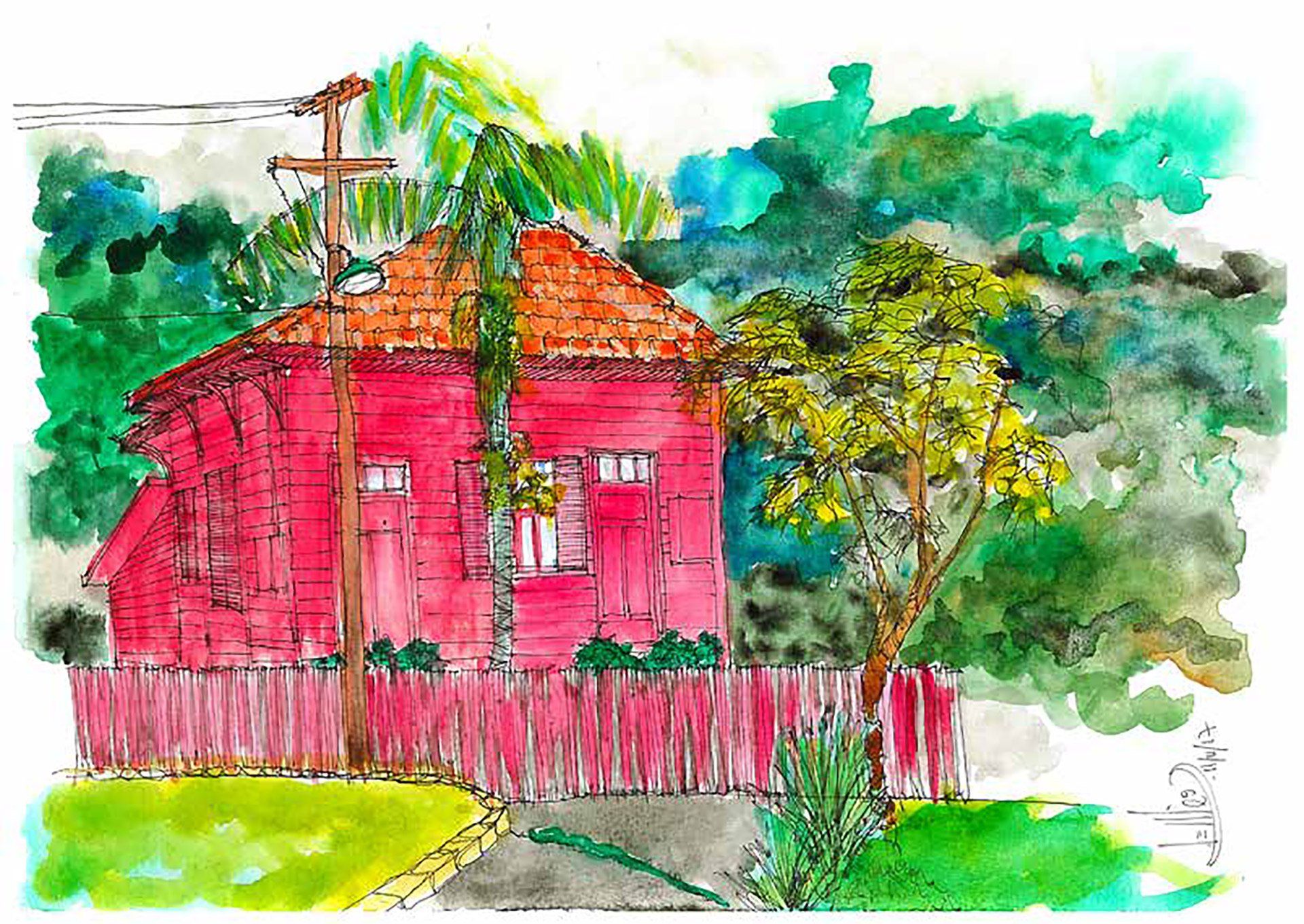 Uma pintura em aquarela de uma casa rosa com telhado vermelho