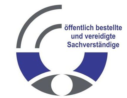 Logo öffentlich bestellt A blue and gray logo that says