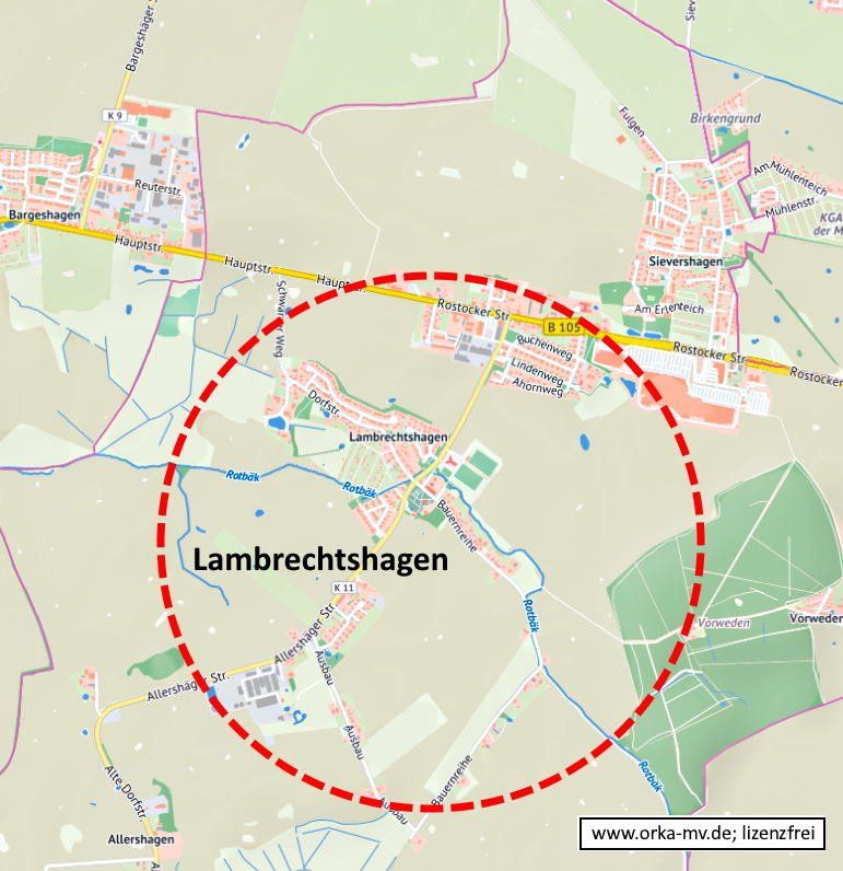 Kartenbild © Hanse- und Universitätsstadt Rostock (CC BY 4.0) Kartendaten © OpenStreetMap (ODbL) und LkKfS-MV. Eine Karte von Lambrechtshagen mit einem roten Kreis darum