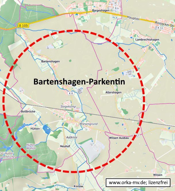 Kartenbild © Hanse- und Universitätsstadt Rostock (CC BY 4.0) Kartendaten © OpenStreetMap (ODbL) und LkKfS-MV. Eine Karte mit der Lage von Bartenshagen-Parkentin