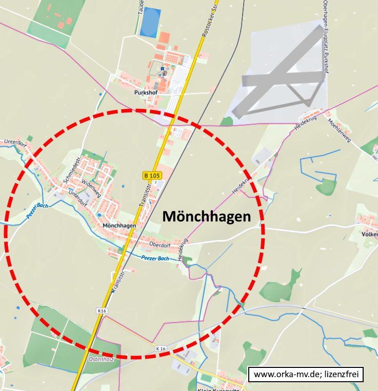 Kartenbild © Hanse- und Universitätsstadt Rostock (CC BY 4.0) Kartendaten © OpenStreetMap (ODbL) und LkKfS-MV. Eine Karte zeigt die Lage von Mönchhagen in einem Kreis