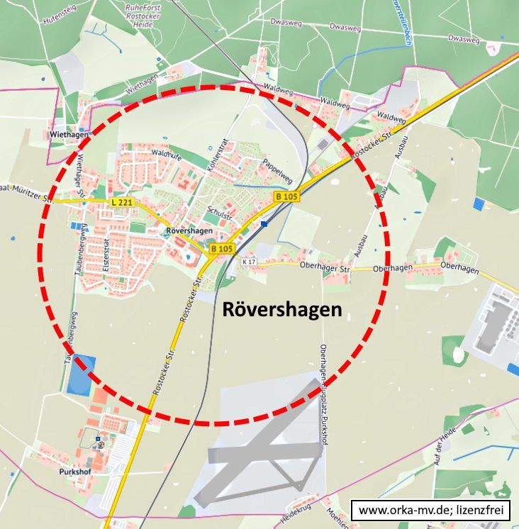 Kartenbild © Hanse- und Universitätsstadt Rostock (CC BY 4.0) Kartendaten © OpenStreetMap (ODbL) und LkKfS-MV. Eine Karte mit einem roten Kreis um das Wort Roverschagen