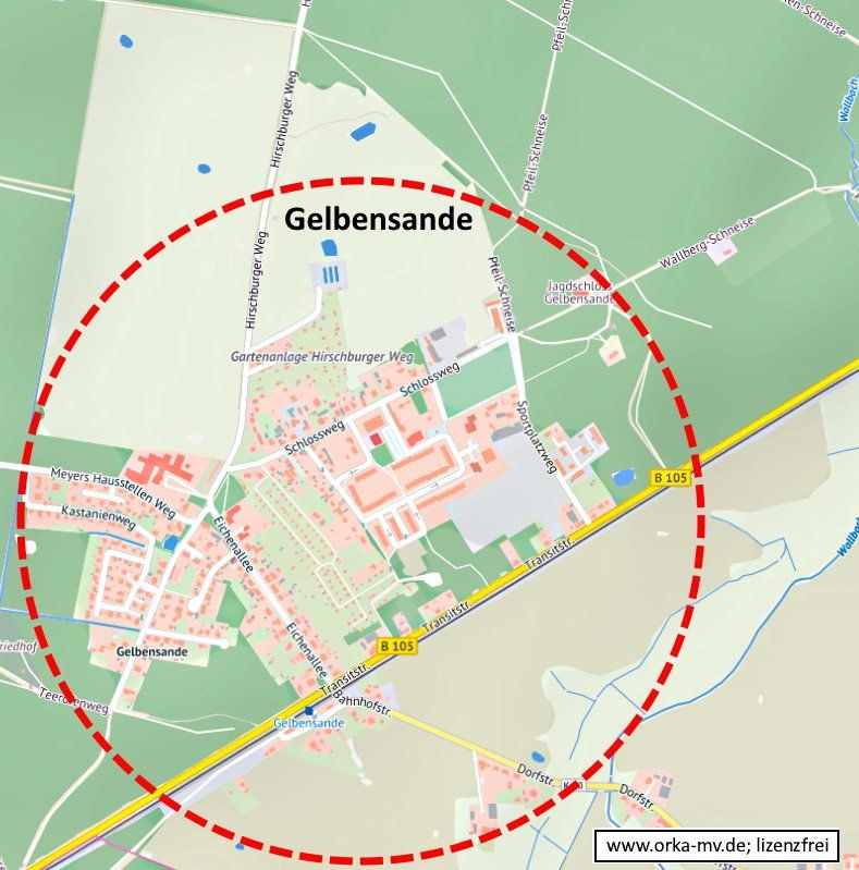 Kartenbild © Hanse- und Universitätsstadt Rostock (CC BY 4.0) Kartendaten © OpenStreetMap (ODbL) und LkKfS-MV. Eine Karte mit einem roten Kreis um Gelbensande