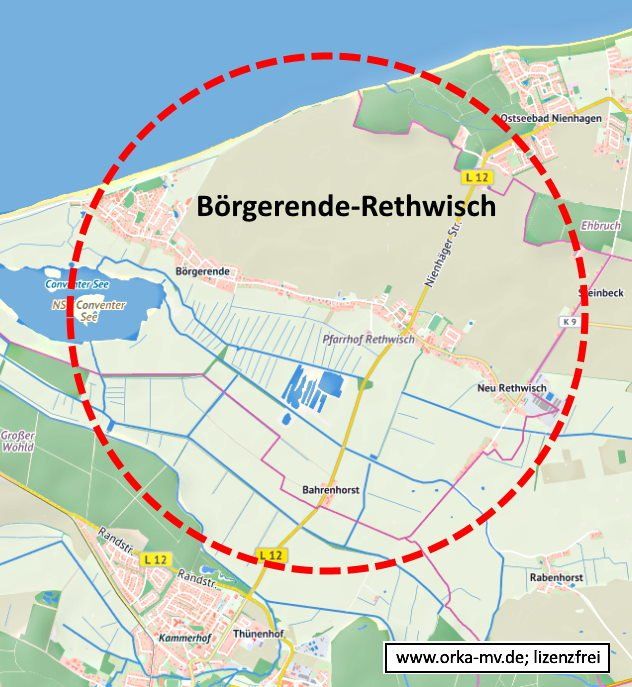 Kartenbild © Hanse- und Universitätsstadt Rostock (CC BY 4.0) Kartendaten © OpenStreetMap (ODbL) und LkKfS-MV. Eine Karte mit einem roten Kreis um Börgerende-Rethwisch
