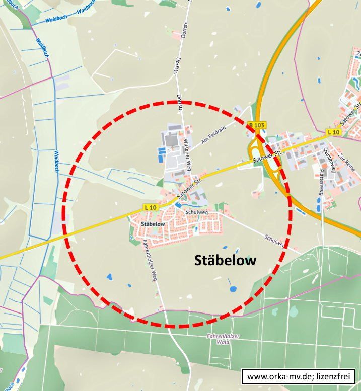 Kartenbild © Hanse- und Universitätsstadt Rostock (CC BY 4.0) Kartendaten © OpenStreetMap (ODbL) und LkKfS-MV. Eine Karte mit einem roten Kreis um die Stadt Stabelow