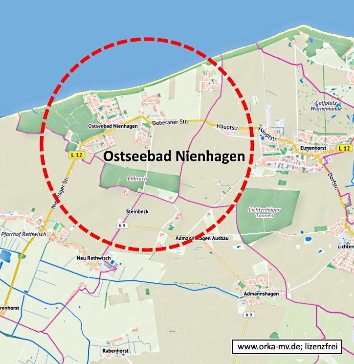 Kartenbild © Hanse- und Universitätsstadt Rostock (CC BY 4.0) Kartendaten © OpenStreetMap (ODbL) und LkKfS-MV Immobilienbewertung im Ostseebad Nienhagen