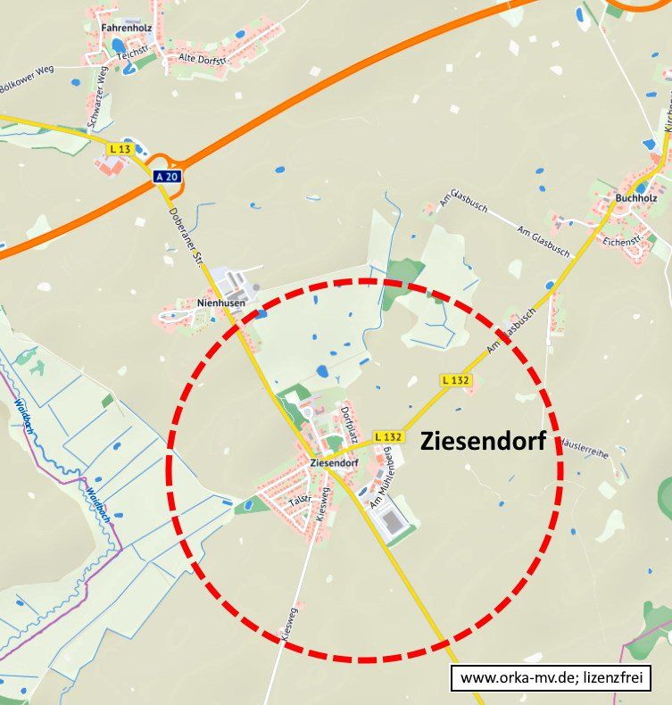 Kartenbild © Hanse- und Universitätsstadt Rostock (CC BY 4.0) Kartendaten © OpenStreetMap (ODbL) und LkKfS-MV. Eine Karte mit einem roten Kreis um das Wort Ziesdorf