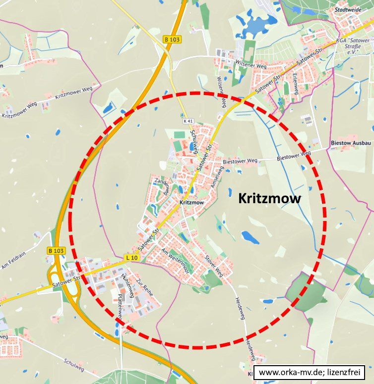 Kartenbild © Hanse- und Universitätsstadt Rostock (CC BY 4.0) Kartendaten © OpenStreetMap (ODbL) und LkKfS-MV. Eine Karte zeigt einen Kreis um eine Stadt namens Kritzmow