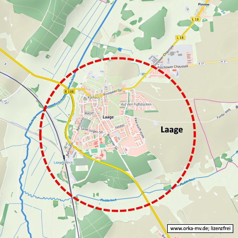 Eine Karte von Laage mit einem roten Kreis darum