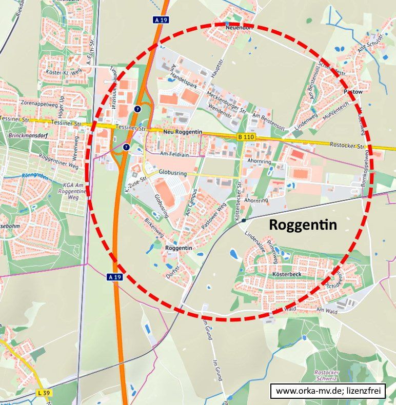 Kartenbild © Hanse- und Universitätsstadt Rostock (CC BY 4.0) Kartendaten © OpenStreetMap (ODbL) und LkKfS-MV. Eine Karte mit einem roten Kreis um Roggentin
