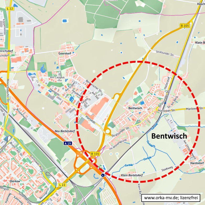Kartenbild © Hanse- und Universitätsstadt Rostock (CC BY 4.0) Kartendaten © OpenStreetMap (ODbL) und LkKfS-MV. Eine Karte mit einem roten Kreis um Bentwisch