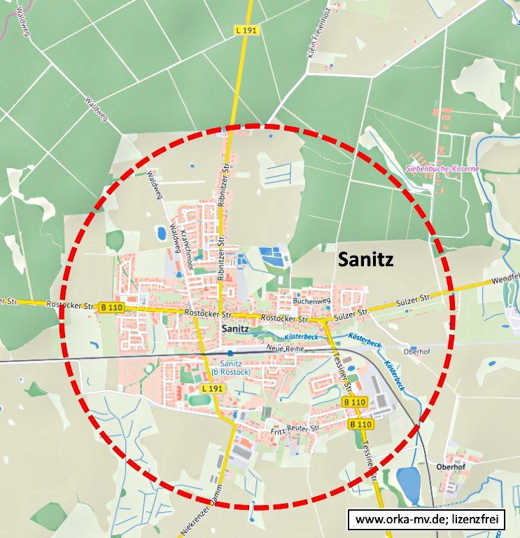 Kartenbild © Hanse- und Universitätsstadt Rostock (CC BY 4.0) Kartendaten © OpenStreetMap (ODbL) und LkKfS-MV. Ihr Immobiliengutachter für Sanitz