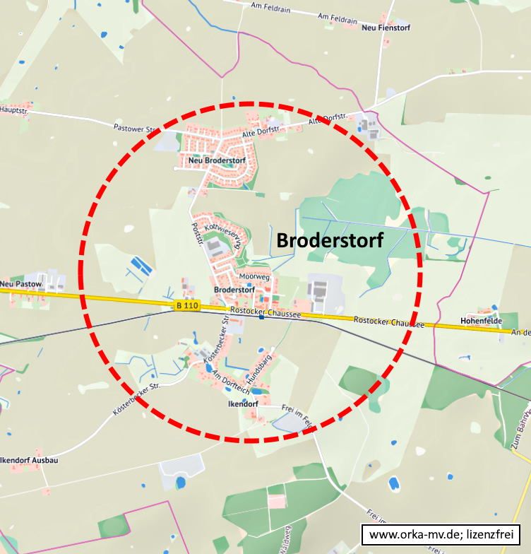 Kartenbild © Hanse- und Universitätsstadt Rostock (CC BY 4.0) Kartendaten © OpenStreetMap (ODbL) und LkKfS-MV. Eine Karte mit einem roten Kreis um das Wort Broderstorf