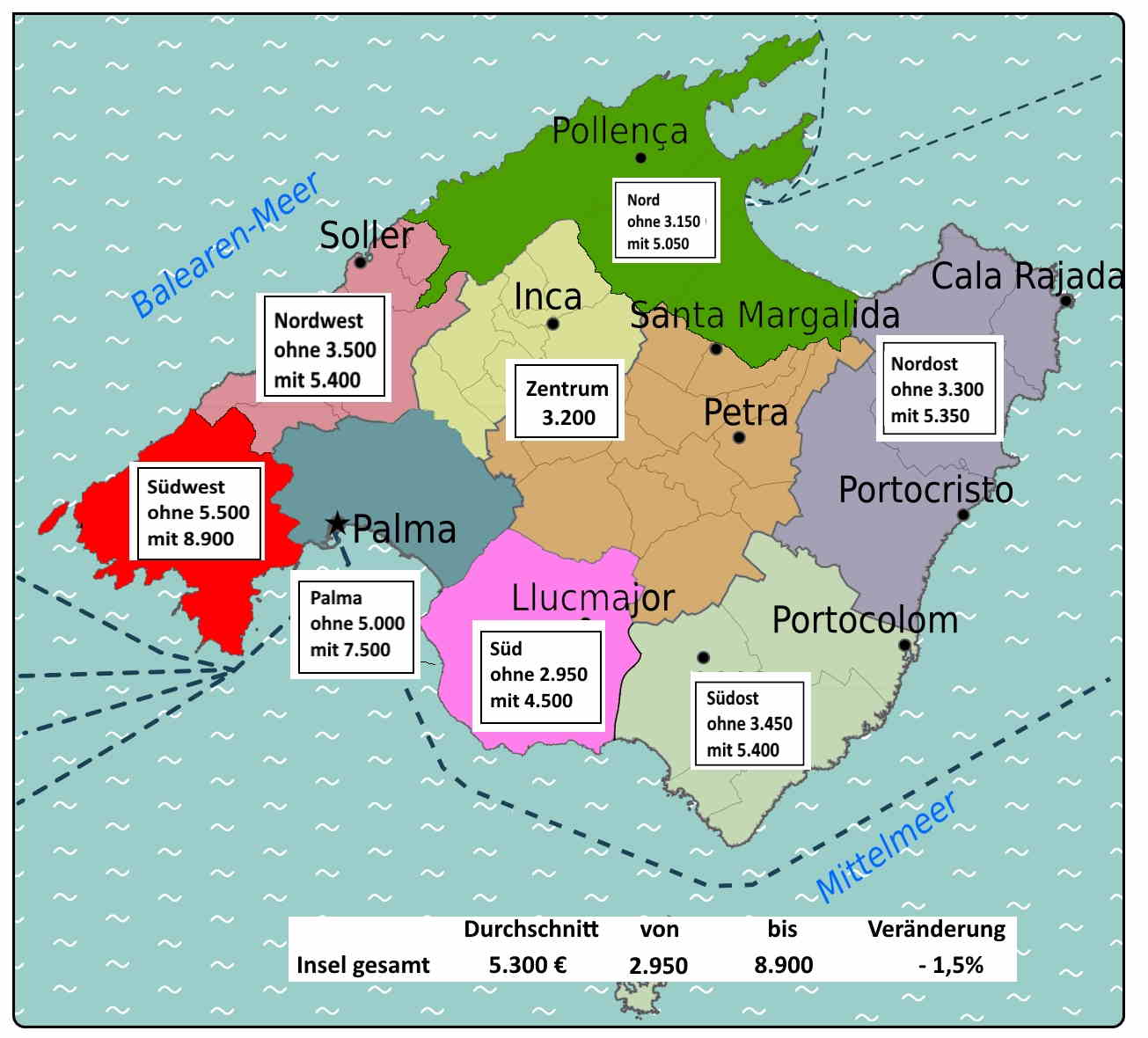 Eine Karte von Palma und Portocristo mit Beschriftungen darauf