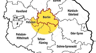 Region Berlin - gelb markiert Immobiliengutachter, Immobilienbewertung in Berlin, Berliner Umland, Potsdam