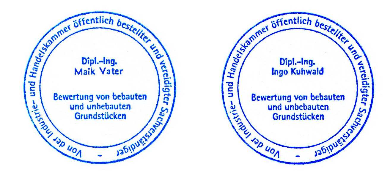 Zwei blaue Briefmarken mit der Aufschrift „Dipl.-Ing. Mark Voter“ und „Dipl.-Ing. Ingo Kuhwald“
