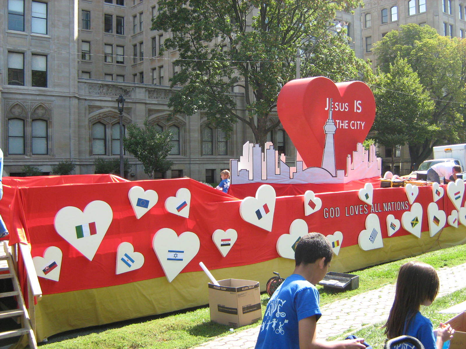 A float that says jesus is the city on it