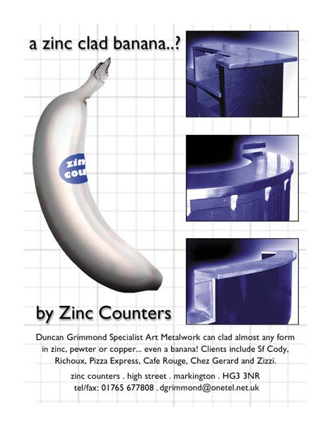 An advertisement for a zinc clad banana by zinc counters