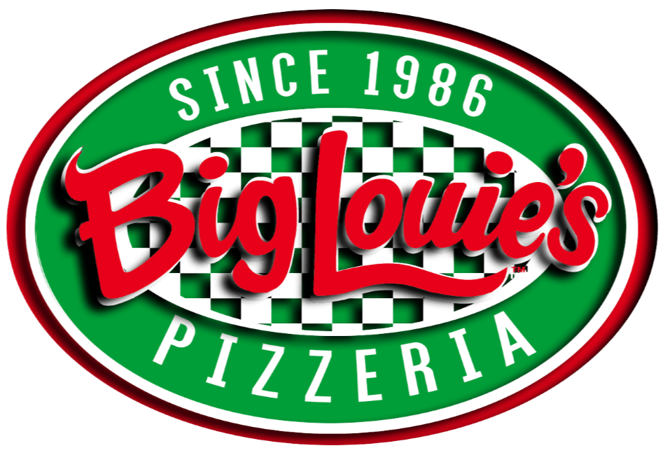 Big Louie’s Pizzeria emblem with red cursive text, checkered background, green oval border, and “Since 1986” displayed above