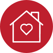 A house with a heart inside of it in a red circle.